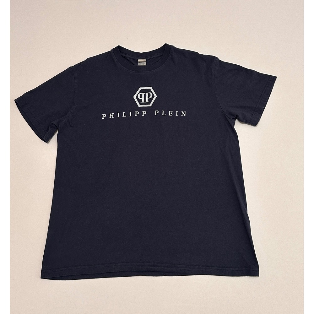 Philipp Plein Mens Logo Graphic T-Shirt Navy Blue Cotton Size L Short Sleeve